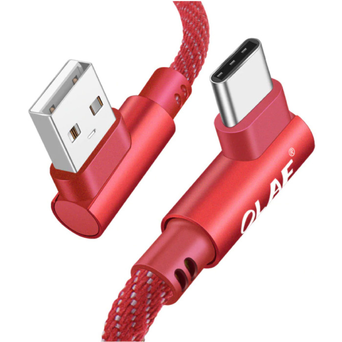 USB-C Charging Cable 90 ° - 2 Meter - Braided Nylon Charger Data Cable Android Red