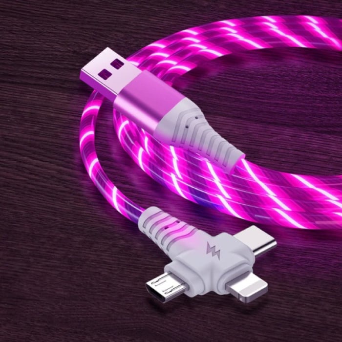 3 in 1 Luminous Charging Cable - iPhone Lightning / USB-C / Micro-USB - 1 Meter Charger Data Cable Pink