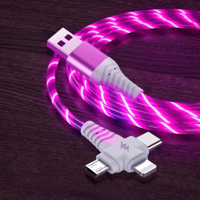 Cable de carga luminoso 3 en 1 - iPhone Lightning / USB-C / Micro-USB - Cable de datos de cargador de 1 metro Rosa