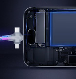 Ilano Cable de carga luminoso 3 en 1 - iPhone Lightning / USB-C / Micro-USB - Cable de datos del cargador de 1 metro Azul