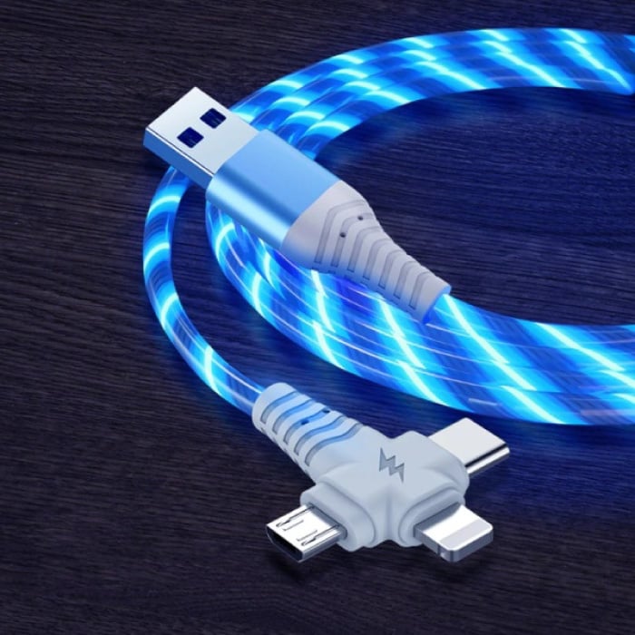 Cable de carga luminoso 3 en 1 - iPhone Lightning / USB-C / Micro-USB - Cable de datos del cargador de 1 metro Azul