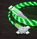 Ilano Cable de carga luminoso 3 en 1 - iPhone Lightning / USB-C / Micro-USB - Cable de datos de cargador de 1 metro Verde
