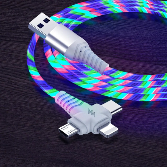 Cable de carga luminoso 3 en 1 - iPhone Lightning / USB-C / Micro-USB - Cable de datos de cargador de 1 metro Rainbow