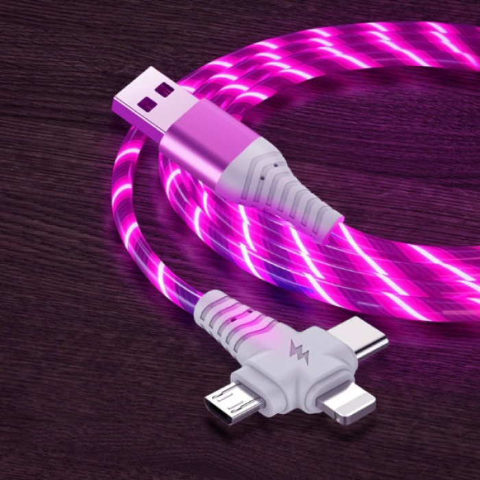 Cable de carga luminoso 3 en 1 - iPhone Lightning / USB-C / Micro-USB - Cable de datos del cargador de 2 metros Rosa