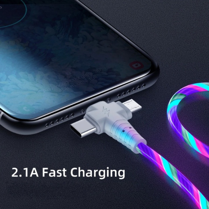 Ilano Câble de charge lumineux 3 en 1 - iPhone Lightning / USB-C / Micro-USB - Câble de données pour chargeur de 2 mètres Bleu