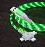 Ilano Cable de carga luminoso 3 en 1 - iPhone Lightning / USB-C / Micro-USB - Cable de datos del cargador de 2 metros Verde