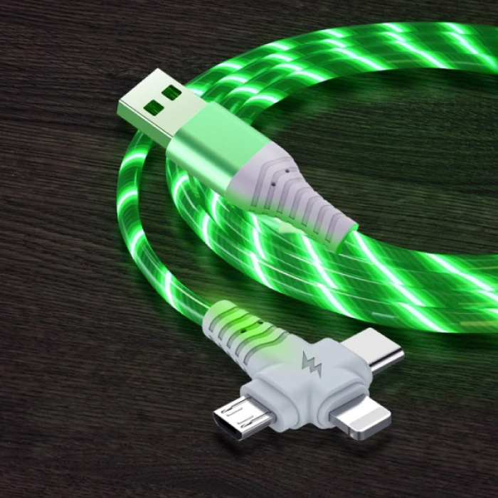 3 in 1 Luminous Charging Cable - iPhone Lightning / USB-C / Micro-USB - 2 Meter Charger Data Cable Green
