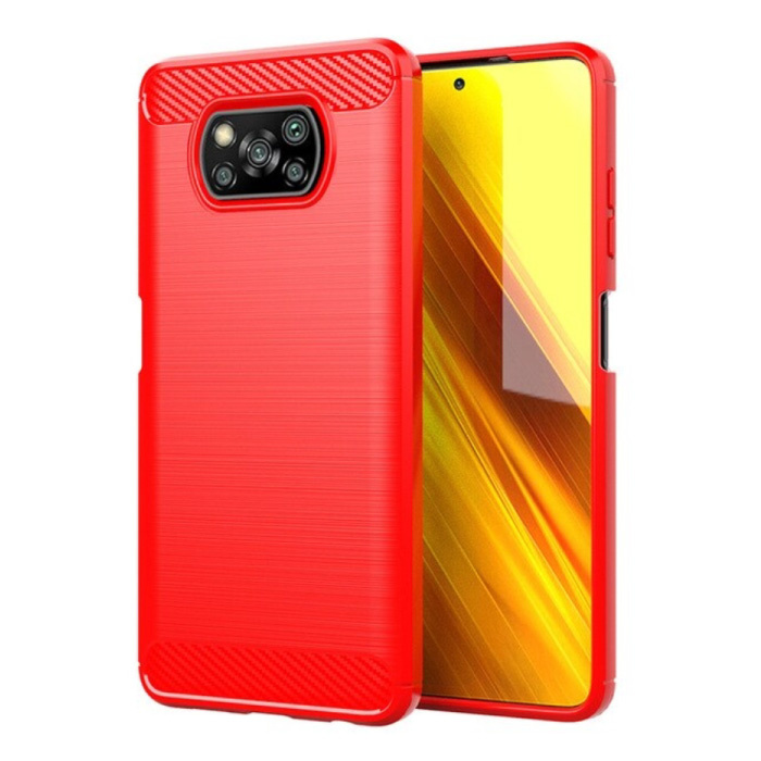 Funda Xiaomi Poco X3 NFC - Funda de goma con textura de fibra de carbono a prueba de golpes Funda de goma roja