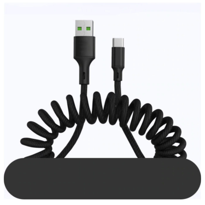 Curled USB-C Charging Cable - 5A Spiral Spring Data Cable 1.5 Meter Charger Cable Black
