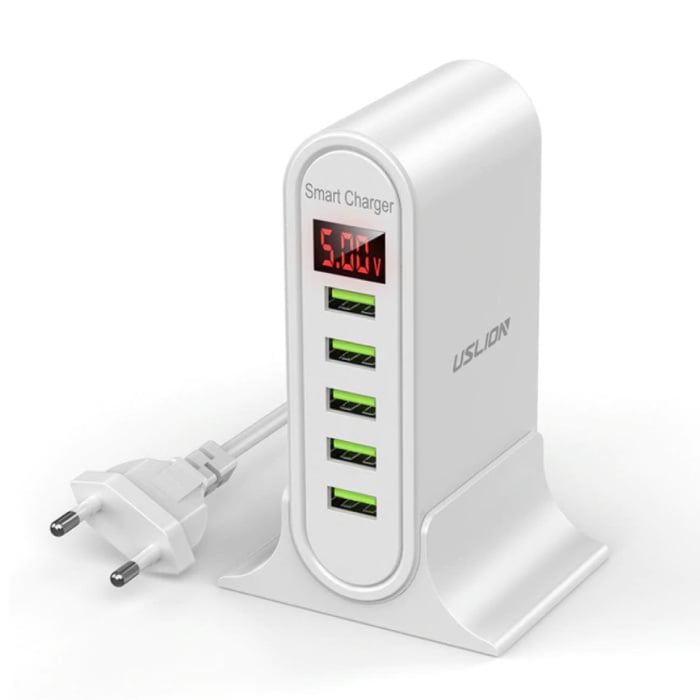 Station de charge USB 5 ports Affichage LED Chargeur mural Chargeur secteur Adaptateur de chargeur Blanc