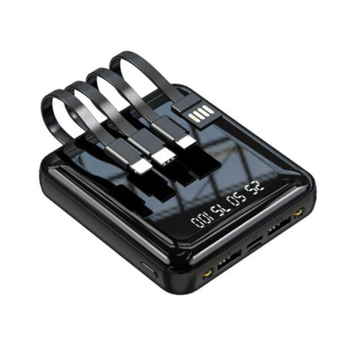 Mini Powerbank Universal 20.000mAh - 4 tipos de cable de carga - 2x USB LED Display Batería de emergencia Cargador de batería Cargador Negro