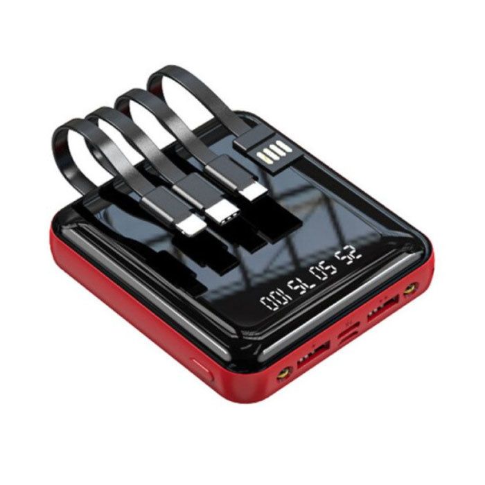 Uniwersalny mini powerbank 20 000 mAh - 4 rodzaje kabli ładujących - 2x wyświetlacz LED USB Awaryjna ładowarka baterii Ładowarka czerwona