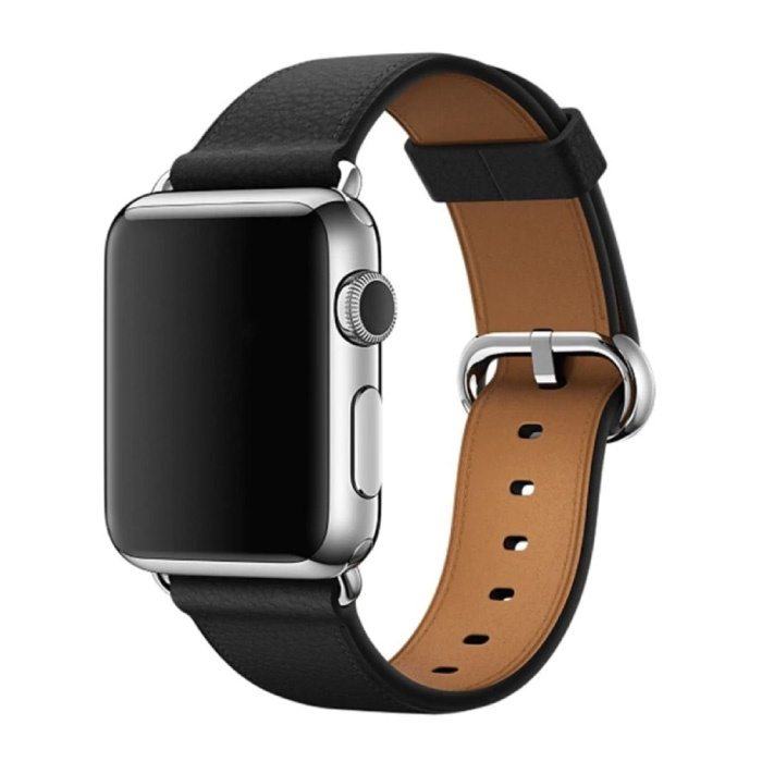 Leren Bandje voor iWatch 38mm - Armband Polsband Duurzaam Leer Horlogeband Roestvrij Staal Sluiting Zwart