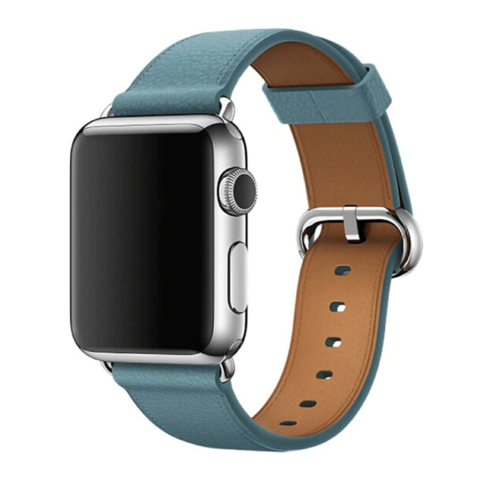 Leren Bandje voor iWatch 38mm - Armband Polsband Duurzaam Leer Horlogeband Roestvrij Staal Sluiting Blauw