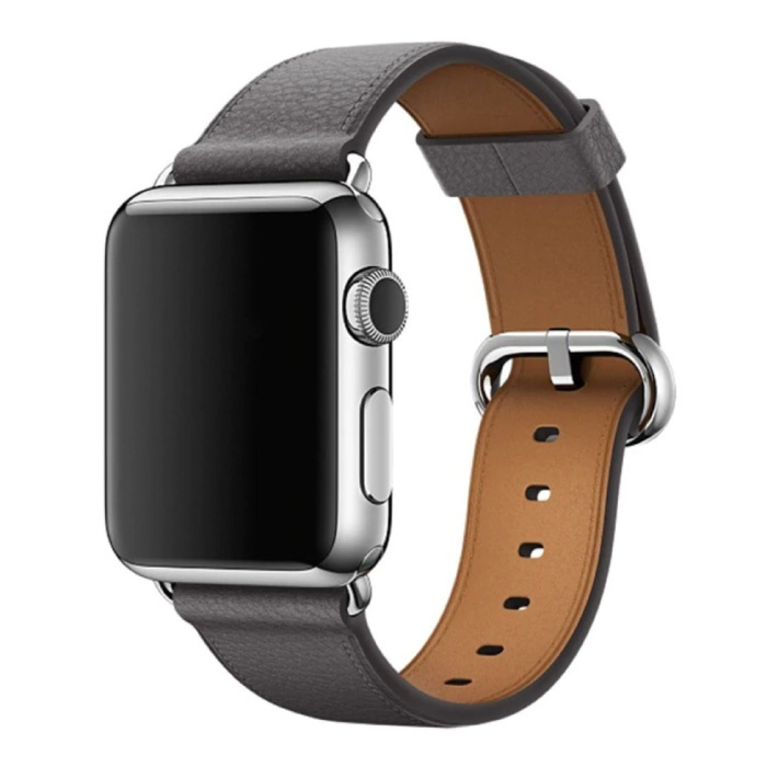 Leren Bandje voor iWatch 38mm - Armband Polsband Duurzaam Leer Horlogeband Roestvrij Staal Sluiting Grijs