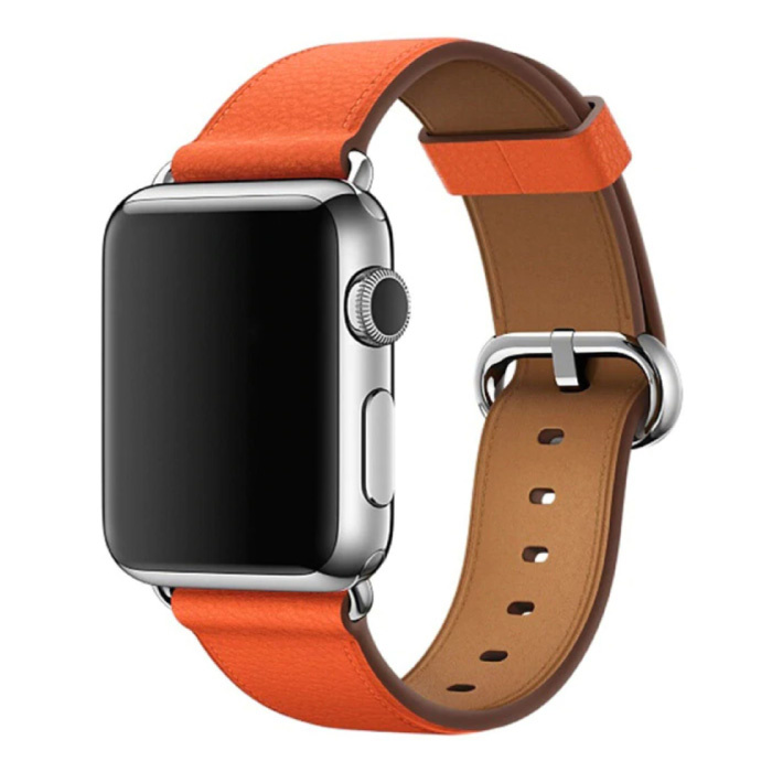 Leren Bandje voor iWatch 38mm - Armband Polsband Duurzaam Leer Horlogeband Roestvrij Staal Sluiting Oranje