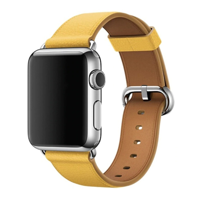 Stuff Certified® Bracelet en cuir pour iWatch 38 mm - Bracelet Bracelet en cuir durable Bracelet en acier inoxydable Fermoir en acier inoxydable jaune