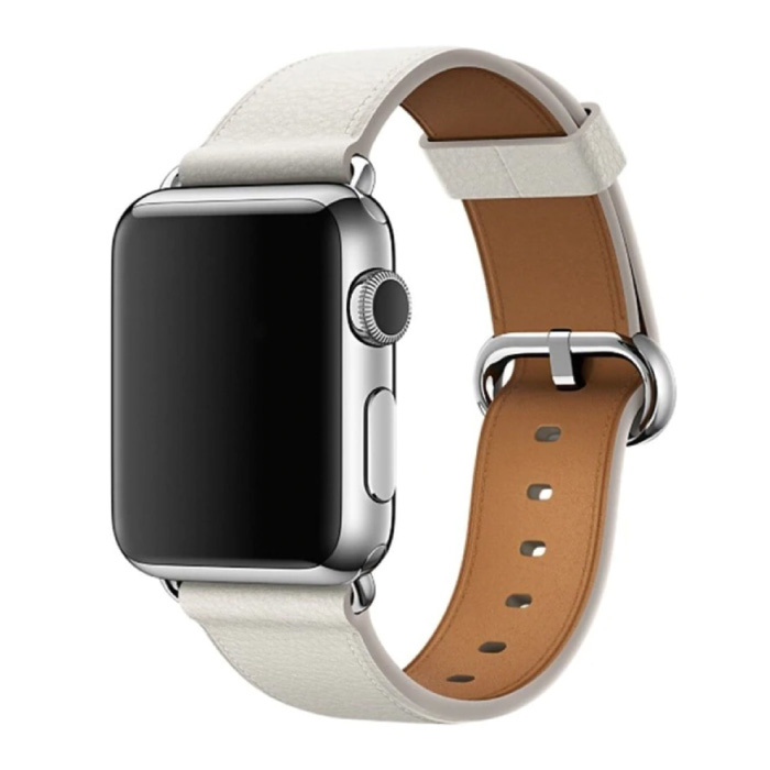 Stuff Certified® Leather Strap for iWatch 44mm - Bracelet Wristband Durable Leather Watchband Stainless Steel Clasp White