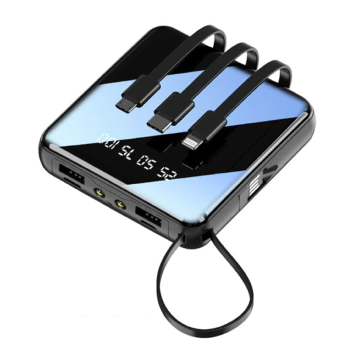 Mini banco de energía universal de 10,000mAh - 4 tipos de cable de carga - 2x USB LED Display Batería de emergencia Cargador de batería Cargador Negro