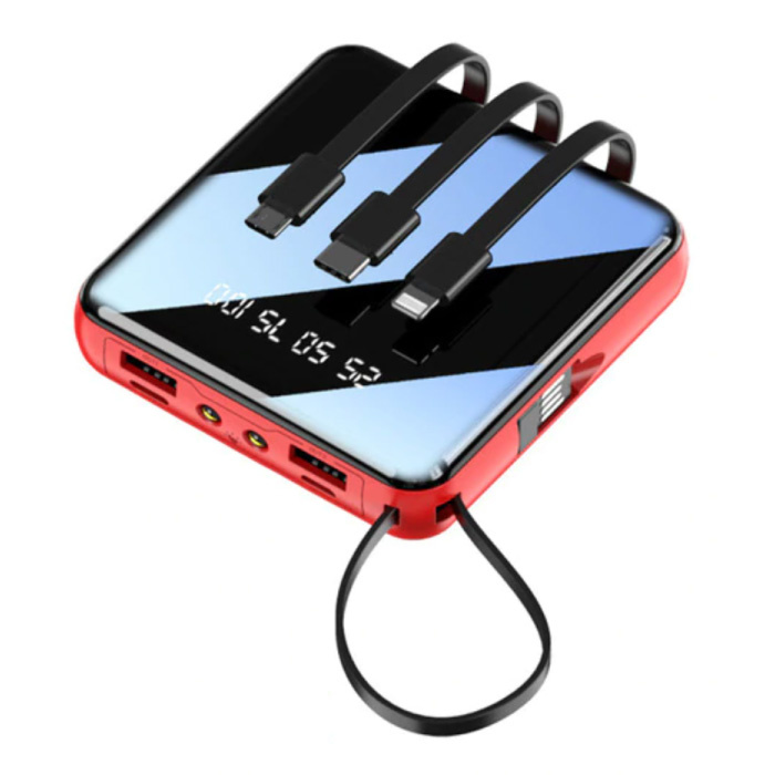 Caseier Mini banque d'alimentation universelle 10 000 mAh - Câble de charge 4 types - 2x USB LED Display Chargeur de batterie de secours Chargeur de batterie Rouge