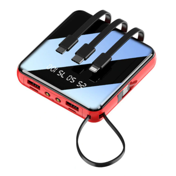 Universal 10,000mAh Mini Power Bank - 4 Types Charging Cable - 2x USB LED Display Emergency Battery Battery Charger Charger Red