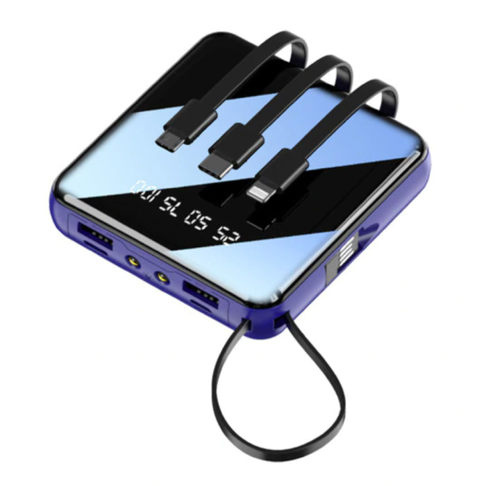 Universelle 10.000mAh Mini Powerbank - 4 Arten Ladekabel - 2x USB LED Display Notfall Akku Ladegerät Ladegerät Blau