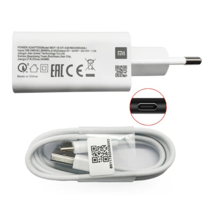 Caricabatteria a ricarica rapida + cavo di ricarica USB-C - Adattatore per caricabatterie a ricarica rapida 3A 3.0 e cavo dati bianco