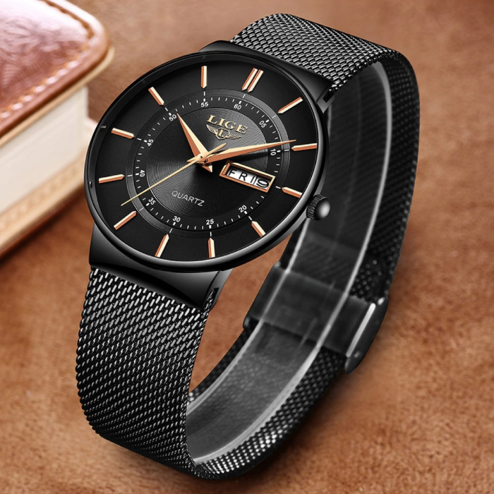 Lige Quartz Movement Men - Montre de luxe Anologue pour homme noir