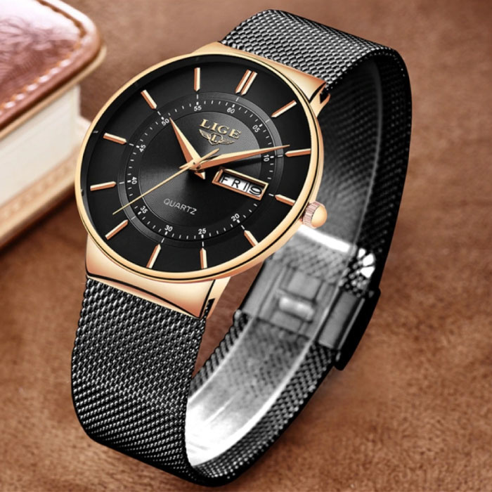 Lige Quartz Movement Men - Montre de luxe Anologian pour homme Noir-Or