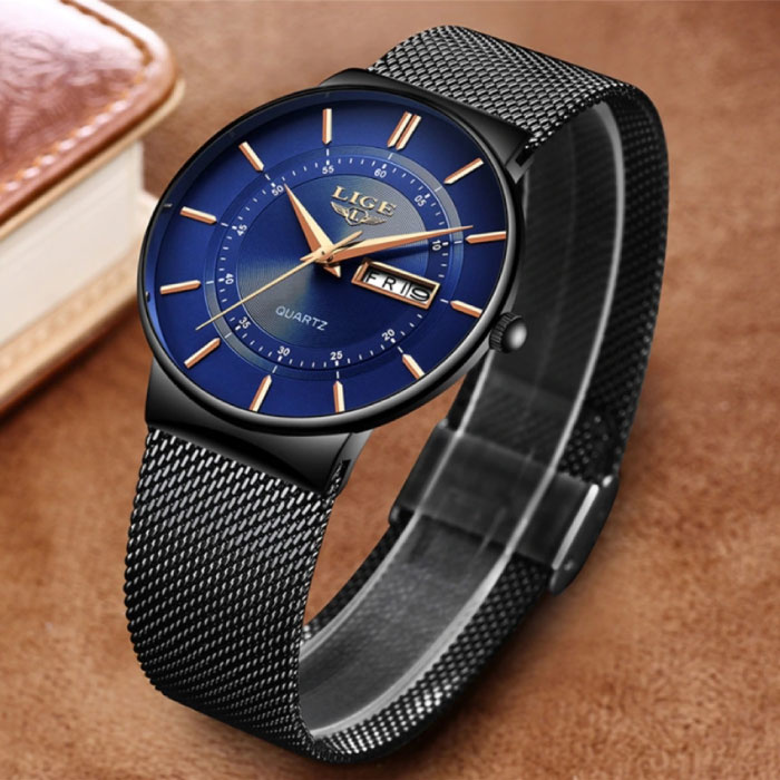 Lige Quartz Movement Men - Montre de luxe Anologian pour homme noir-bleu