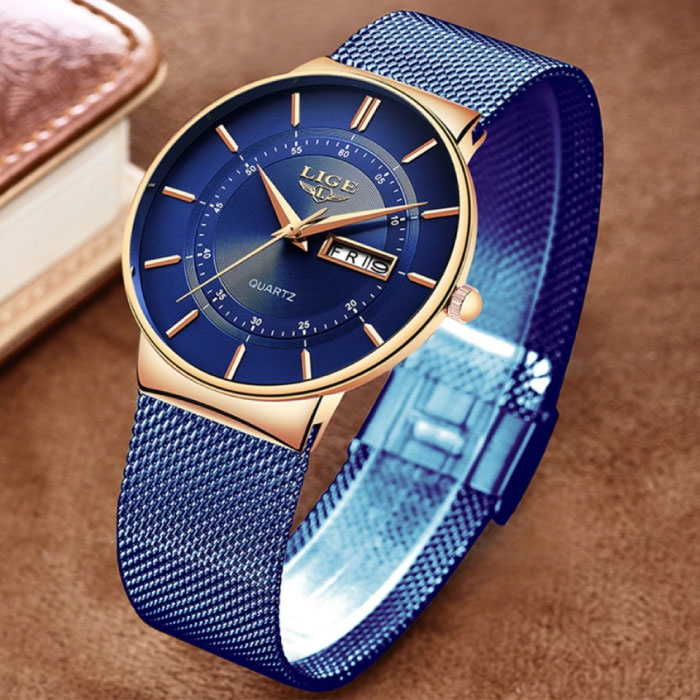 Mechanizm kwarcowy dla mężczyzn - luksusowy zegarek Anologue dla mężczyzn, niebiesko-złoty
