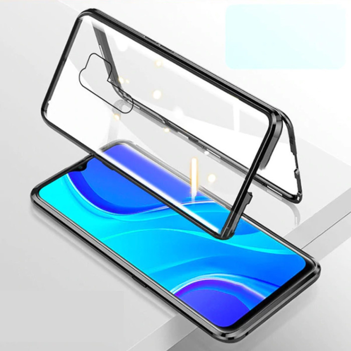 Xiaomi Redmi 9C Magnetisches 360 ° -Gehäuse mit gehärtetem Glas - Ganzkörperabdeckung + Displayschutzfolie Schwarz