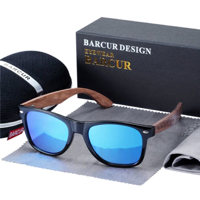Barcur Gafas de sol de madera de nogal - Protección UV400 y filtro polarizador para hombre y mujer - Azul