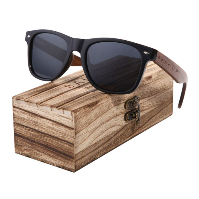 Walnut Sunglasses with Wooden Box - UV400 and Polaroid Filter for Men and Women - Black