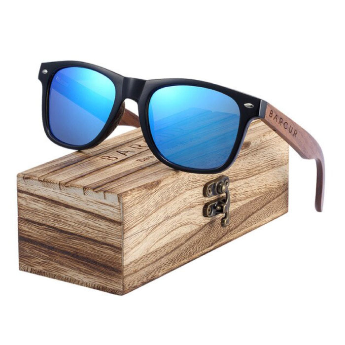 Walnut Sunglasses with Wooden Box - UV400 and Polaroid Filter for Men and Women - Blue