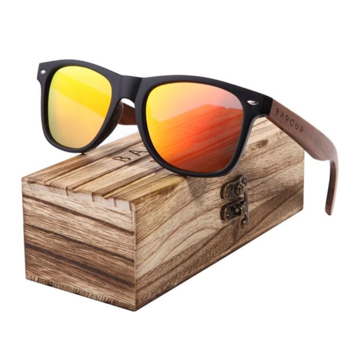 Barcur Gafas de sol color nogal con estuche de madera - Protección UV400 y filtro polarizador para hombre y mujer - Color naranja