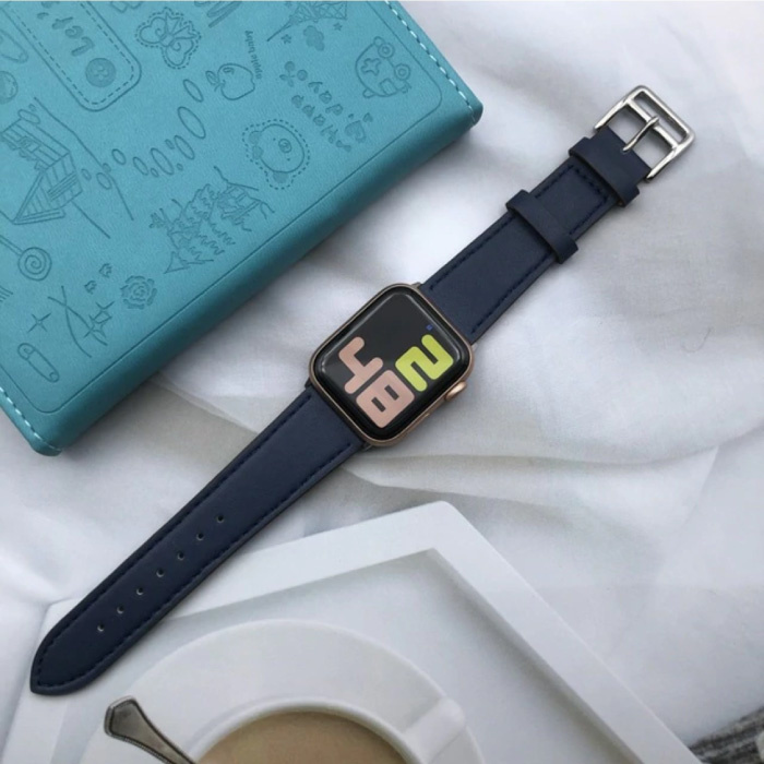 Leren Bandje voor iWatch 40mm - Armband Polsband Duurzaam Leer Horlogeband Roestvrij Staal Sluiting Donkerblauw
