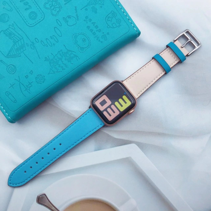 Leren Bandje voor iWatch 40mm - Armband Polsband Duurzaam Leer Horlogeband Roestvrij Staal Sluiting Blauw-Wit