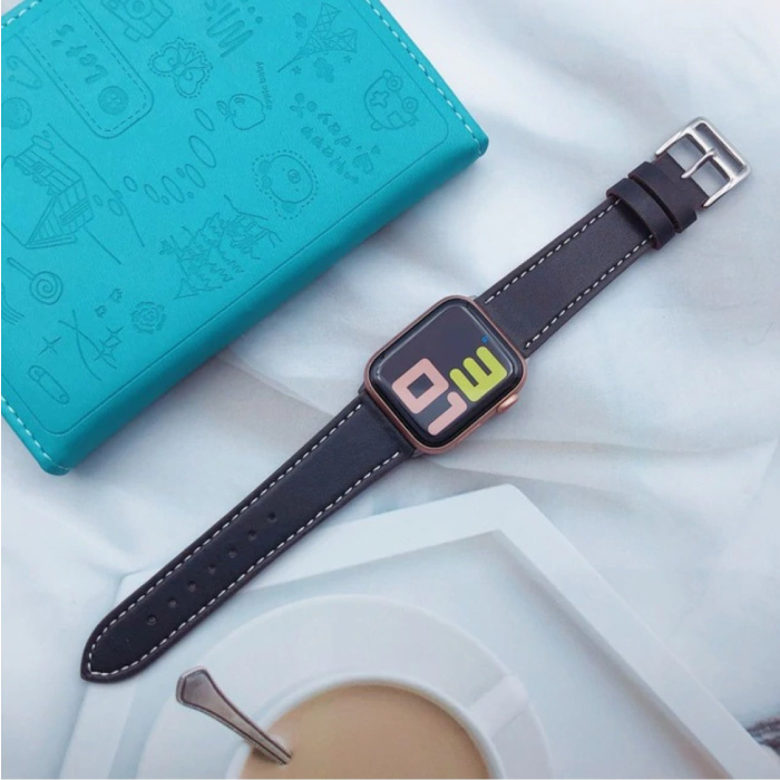 Leather Strap for iWatch 44mm - Bracelet Wristband Durable Leather Watchband Stainless Steel Clasp Black