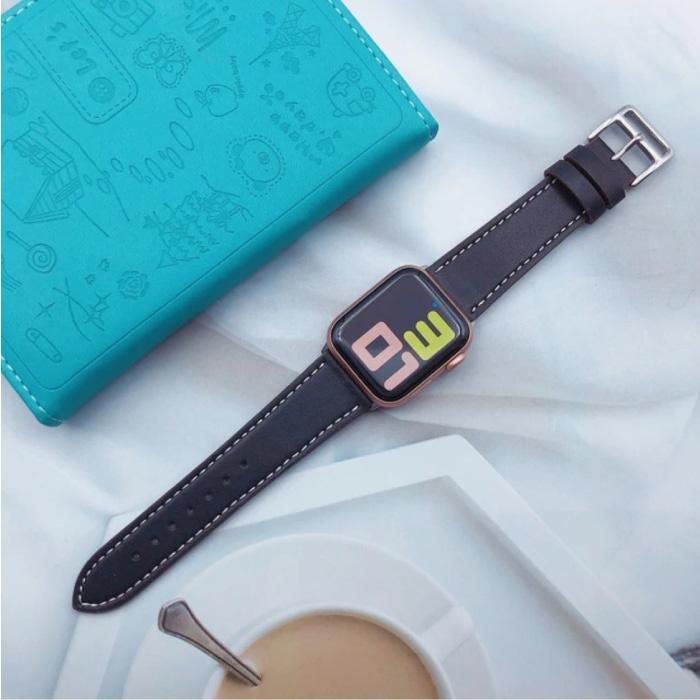 Leren Bandje voor iWatch 42mm - Armband Polsband Duurzaam Leer Horlogeband Roestvrij Staal Sluiting Zwart