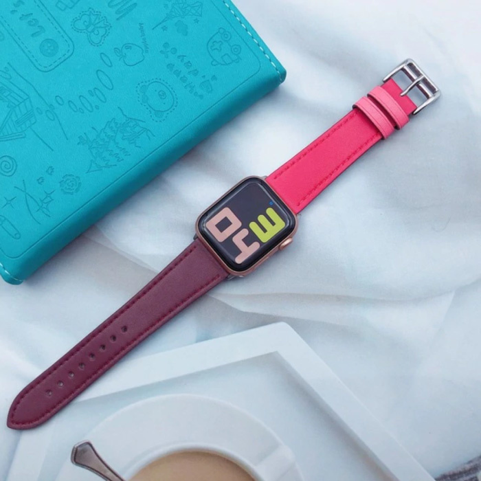 Leather Strap for iWatch 44mm - Bracelet Wristband Durable Leather Watchband Stainless Steel Clasp Purple-Pink