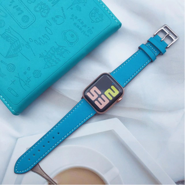 Leren Bandje voor iWatch 42mm - Armband Polsband Duurzaam Leer Horlogeband Roestvrij Staal Sluiting Blauw