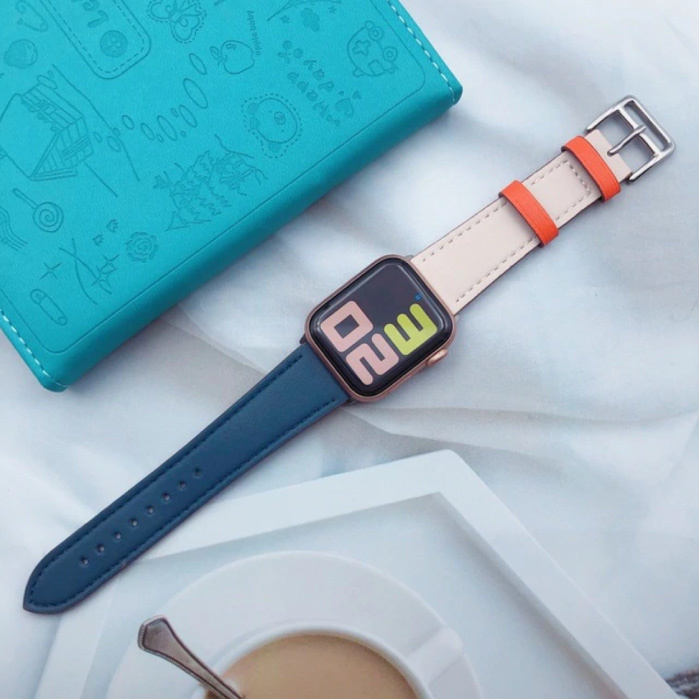 Leather Strap for iWatch 44mm - Bracelet Wristband Durable Leather Watchband Stainless Steel Clasp Dark Blue-White