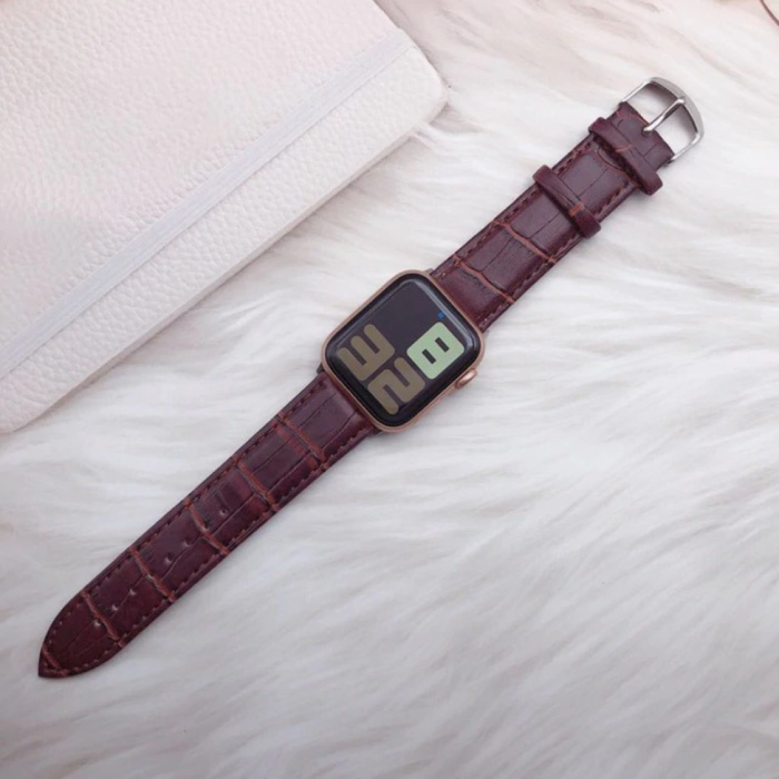 Bracelet en cuir pour iWatch 44 mm - Bracelet Bracelet en cuir durable Bracelet de montre en acier inoxydable Fermoir Crocodile-Marron