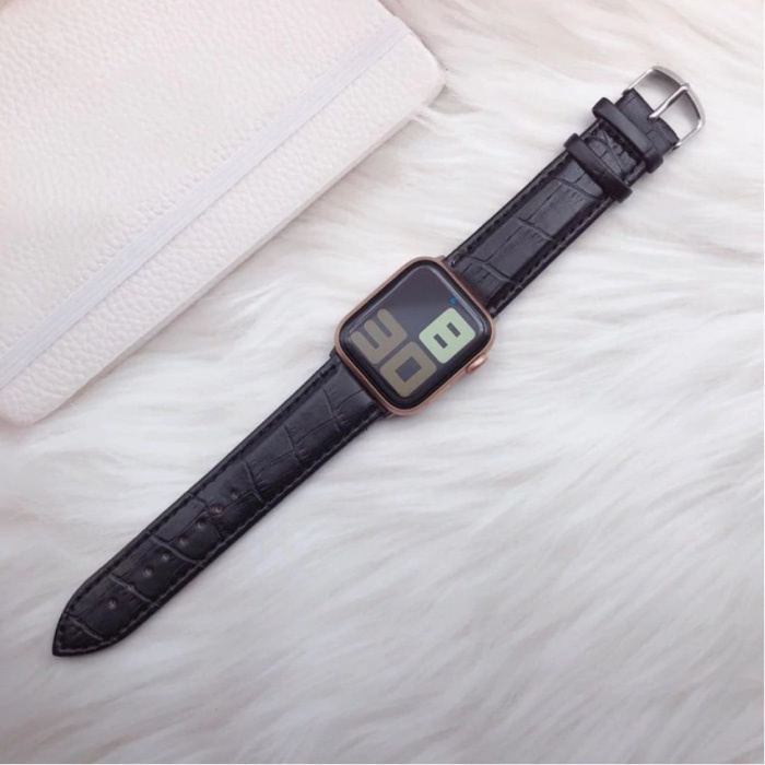 Leather Strap for iWatch 44mm - Bracelet Wristband Durable Leather Watchband Stainless Steel Clasp Crocodile-Black