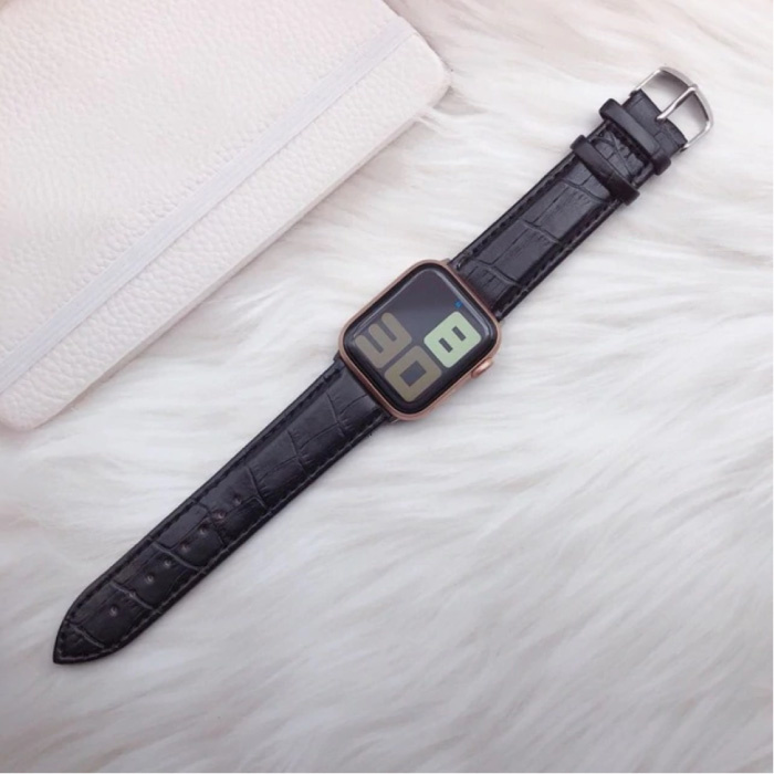 Leren Bandje voor iWatch 42mm - Armband Polsband Duurzaam Leer Horlogeband Roestvrij Staal Sluiting Krokodil-Zwart