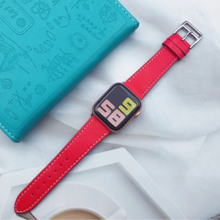 Correa de cuero para iWatch 44 mm - Pulsera Pulsera Correa de cuero duradera Cierre de acero inoxidable Rojo