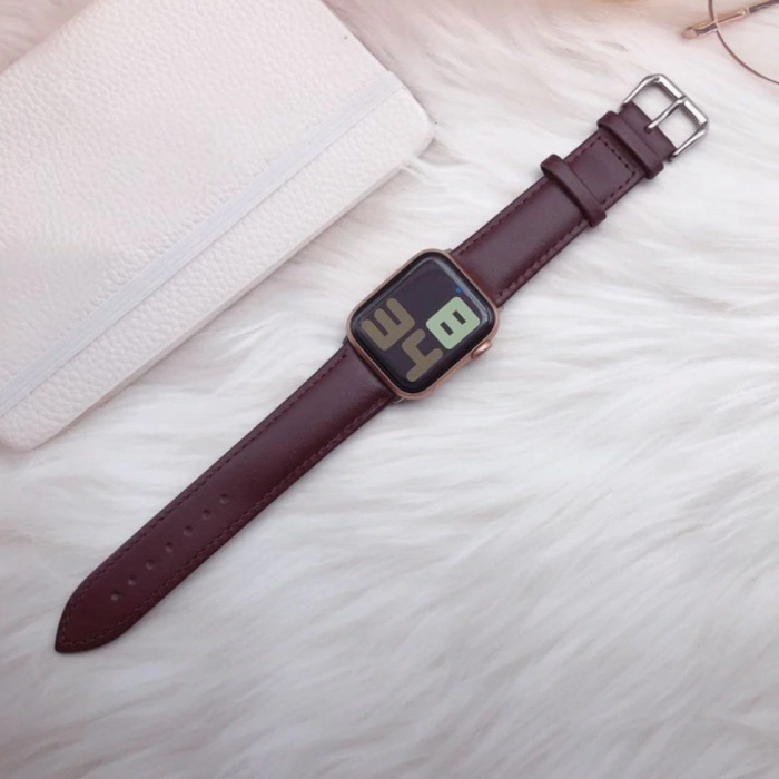 Leren Bandje voor iWatch 44mm - Armband Polsband Duurzaam Leer Horlogeband Roestvrij Staal Sluiting Donkerbruin