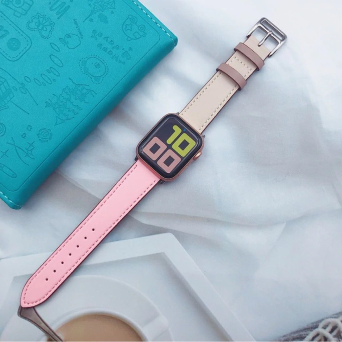 Leather Strap for iWatch 44mm - Bracelet Wristband Durable Leather Watchband Stainless Steel Clasp Pink-White
