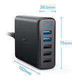 ANKER 5-Port Muur Oplader - PowerIQ Wallcharger AC Thuislader Stekkerlader Adapter Zwart